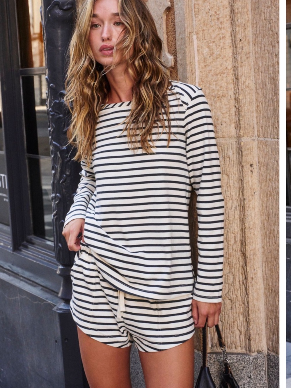 Free People Ivory and Black Striped Lounge Top & Shorts Set